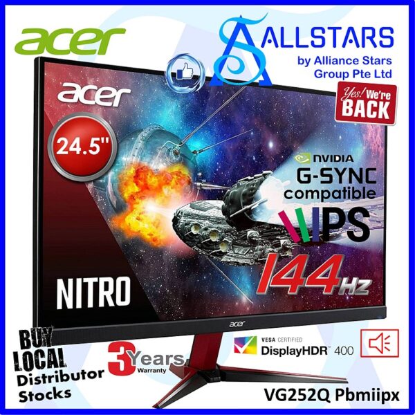 Acer Nitro VG252Q Pbmiipx 24.5 inch Full HD IPS Gaming Monitor / 144Hz / 0.9ms, DisplayHDR400, G-sync comp, 2X HDMI, DP, Audio Out, Built-in Spk, VESA Mount compatible (Warranty 3years with Acer SG)