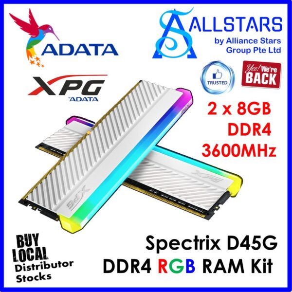 ADATA XPG Spectrix D45G 16GB – 2x8GB – DDR4 3600MHz CL18 RGB RAM Kit – White : AX4U36008G18i-DCWHD45G