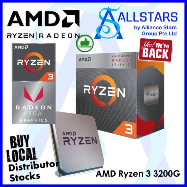 AMD Ryzen 3 3200G with Radeon Vega 8 Graphics Box AM4 Processor CPU (4Core/4Thread/3.6GHz Base/4Ghz Max Boost/6MB cache) (Local Warranty 3years with Distributor)