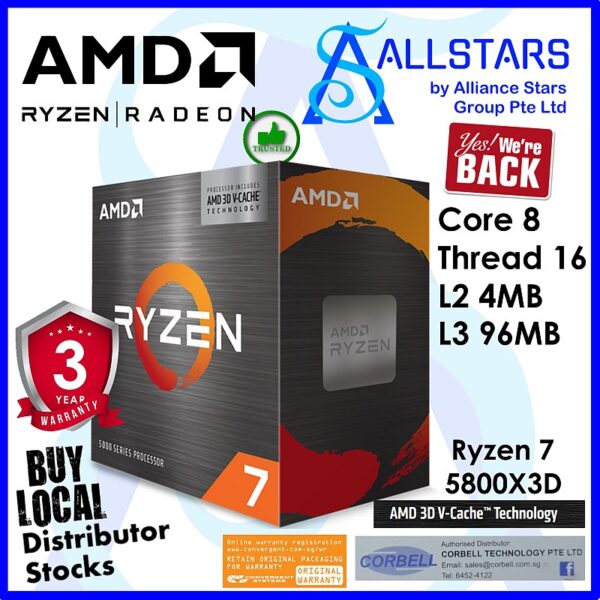 AMD Ryzen 7 5800X3D AM4 Box Processor (Core 8 / Thread 16, Base Clock 3.4GHz, Max Boost Clock 4.5GHz. 100MB Cache) (Warranty 3years with AMD SG Distributor)
