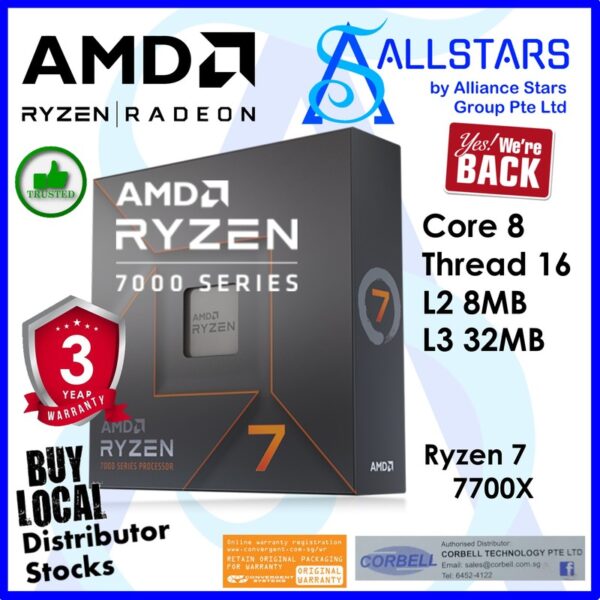 AMD Ryzen 7 7700X AM5 Box Processor (Core 8 / Thread 16, Cache 40MB, Base Clock 4.5GHz, Max Boost 5.4GHz) (Warranty 3years with Local Distributor)