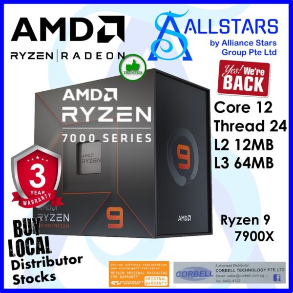 AMD Ryzen 9 7900X AM5 Box Processor (Core 12 / Thread 24, Cache 76MB, Base Clock 4.7GHz, Max Boost 5.6GHz) (Warranty 3years with Local Distributor)