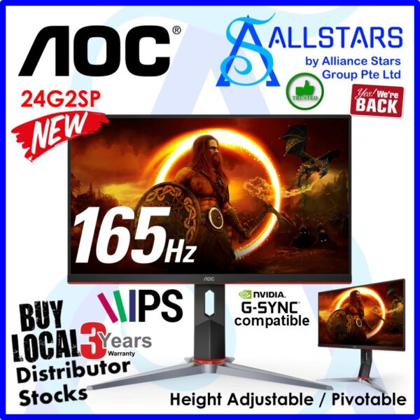 AOC 24G2SP 23.8 inch IPS Gaming Monitor (165Hz, 1ms, G-Sync compatible, Pivotable, Height Adjustable) (Warranty 3years on-site with AOC SG)