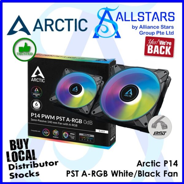 ARCTIC P14 PWM PST A-RGB Case Fan (Black) / Semi-Passive 140mm Fan with ARGB – Black : ACFAN00239A
