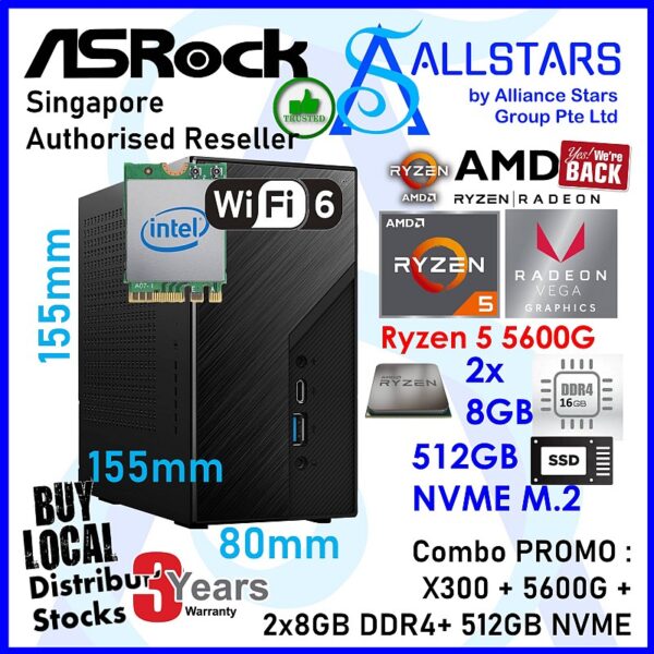 ASROCK X300 + AMD 5600G Box Processor + LEXAR 2pcs 8GB DDR4 3200MHz SODIMM + LEXAR NM620 512GB NVME M.2 SSD + ASROCK Intel AX200 + BT5.0 WiFi Module (Special Bundle) (Warranty 3years with TechDynamic)