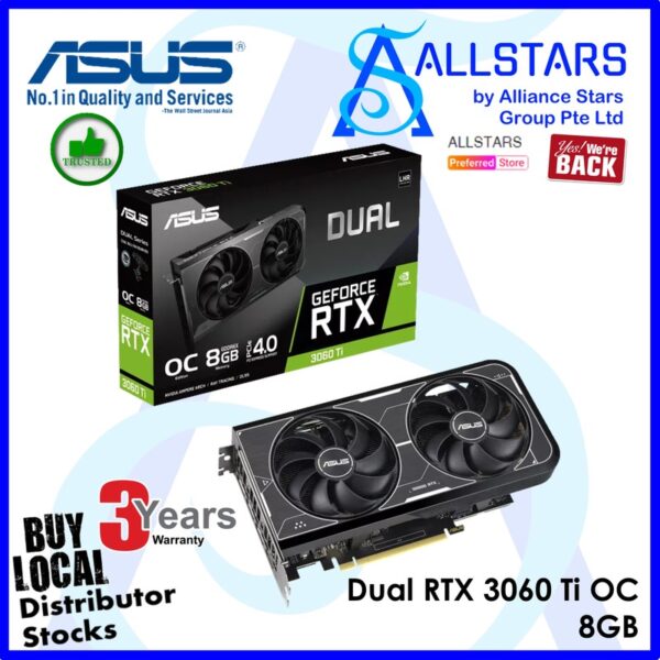 ASUS Dual Geforce RTX 3060 Ti / 3060Ti OC 8GB GDDR6X PCI-Express x16 Gaming Graphics Card – DUAL-RTX3060TI-O8GD6X