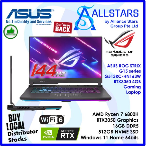 ASUS ROG Strix G15 G513RC-HN163W Notebook, Eclipse Gray, 15.6 FHD ( 1920×1080), 144Hz, 250 nits, Nontouch, AMD Ryzen# 7 6800H/HS Mobile Processor (8-core/16-thread, 20MB cache, up to 4.7 GHz max boost), 16GB DDR4-3200