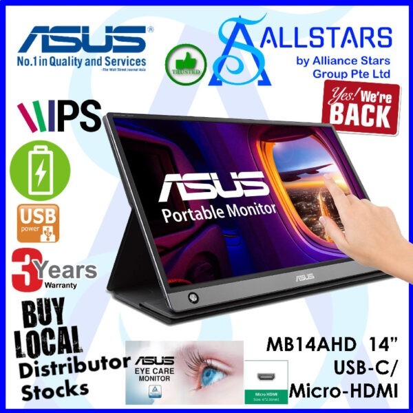 ASUS ZenScreen Ink MB14AHD portable monitor  14-inch FHD (1920 x 1080), IPS, 10-point touch, Stylus Pen, USB Type-C, Micro HDMI, ergo kickstand, tripod socket, ASUS Flicker Free and Low Blue Light technologies (Warranty 3years with ASUS SG)