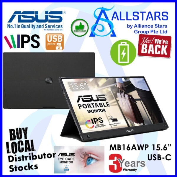 ASUS ZenScreen Go MB16AWP Wireless Portable Monitor- 15.6 inch, Wireless mirroring, IPS, USB Type-C, mini HDMI, Built-in battery, Flicker Free, Blue Light Filter, Anti-glare surface, Tripod socket (Warranty 3years with ASUS SG)
