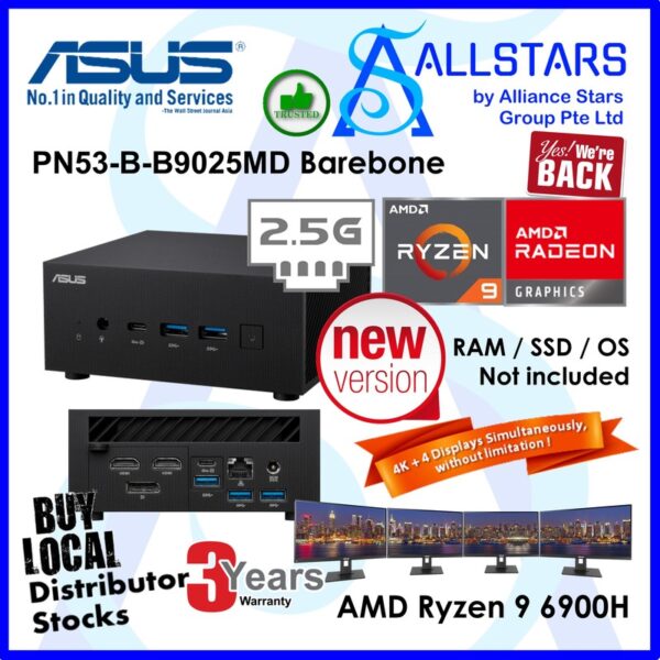 ASUS ExpertCenter PN53 – PN53-B-S9025MD Barerbone Mini PC (AMD Ryzen 9 6900HX, Radeon  Graphics, supports Quad-4K displays and 8K resolution, 2x PCIe® Gen4x4 M.2 NVMe SSD, 2.5 Gb LAN, WiFi 6E)
