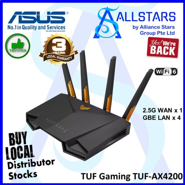 ASUS TUF Gaming TUF-AX4200 WiFi 6 Router / Wireless-AX (2.5G WAN, GBE LANx4) – TUF-AX4200