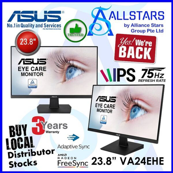 ASUS VA24EHE 24 inch Full HD IPS Monitor / 75Hz / FreeSync (HDMI / VGA / VESA Mount Compatible 100x100mm) (Warranty 3years with Asus SG)