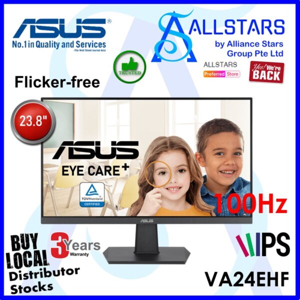 ASUS VA24EHF 24 inch IPS Monitor / 100Hz, MPRT 1ms, HDMI x1, VESA Mount compatible 100x100mm