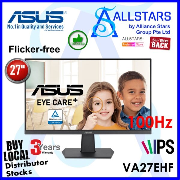 ASUS VA27EHF 27 inch IPS Monitor / 100Hz, MPRT 1ms, HDMI x1, VESA Mount compatible 100x100mm