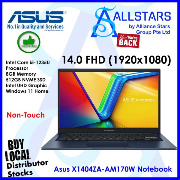ASUS Vivobook 14 X1404ZA-AM170W Notebook, Quiet Blue, 14.0 FHD (1920×1080), Non-Touch, Intel®Core# i5-1235U Processor 1.3 GHz (12M Cache, up to 4.4 GHz, 10 cores), 8GB DDR4, 512GB PCIE G3 SSD, Intel® UHD Graphics, Win 11