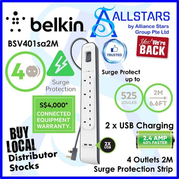 BELKIN BSV401 / 4 Outlets 2M Surge Protection Strip with 2 USB Ports – BSV401sa2M (Warranty 2years with BanLeong)