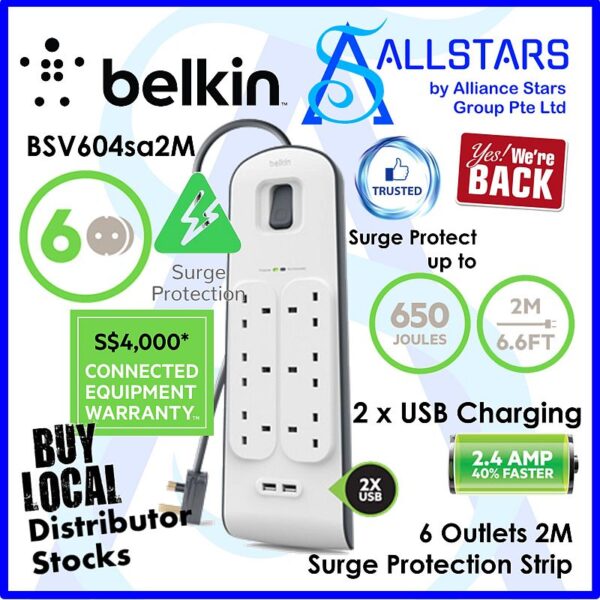 BELKIN BSV604 / 6 Outlets 2M Surge Protection Strip with 2 USB Ports – BSV604SA2M (Warranty 2years with BanLeong)