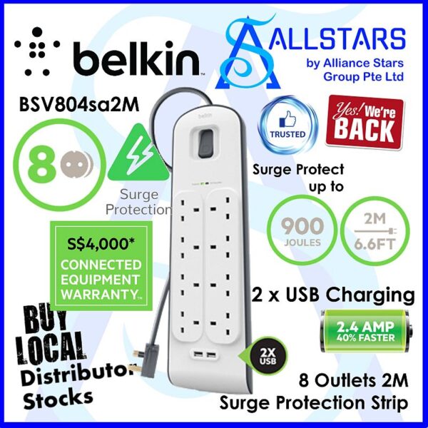 BELKIN BSV804 / 8 Outlets 2M Surge Protection Strip with 2 USB Ports – BSV804sa2M (Warranty 2years with BanLeong)