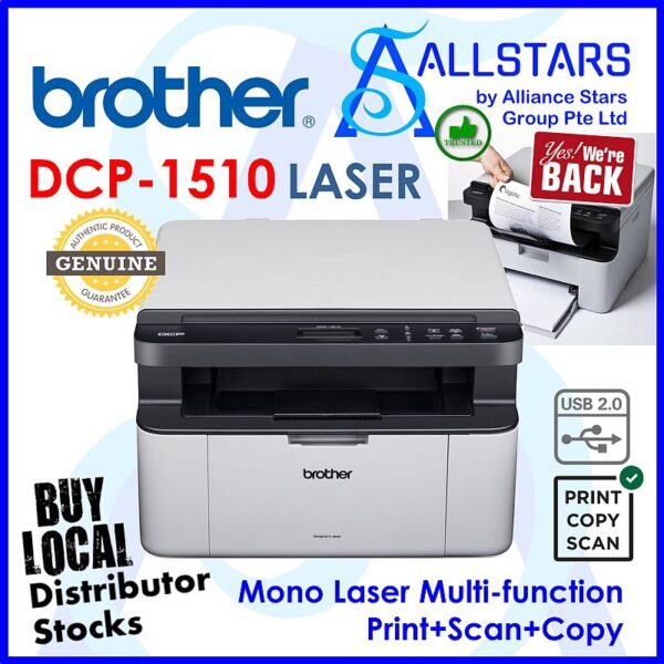 Brother DCP-1510 Multi-function Monochrome Laser Printer (Print / Scan / Copy) (Warranty 3years On-site by Brother SG + 2years Parts only Carry-in to Brother SG)