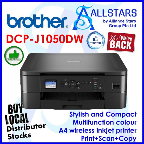 Brother DCP-J1050DW Stylish and Compact Multifunction colour A4 wireless inkjet printer / Duplex Printing (Warranty 3years carry-in to Brother SG)