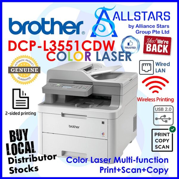 Brother DCP-L3551CDW Colour LED Multi-Function Centre with Wireless & Network Connectivity, Automatic 2-sided Colour Print, ADF – Multi-page Scan & Copy, High Productivity with Fast Print Speeds, Wi-Fi Direct, Mobile & USB Print (Warranty 3years on-site by Brother SG)