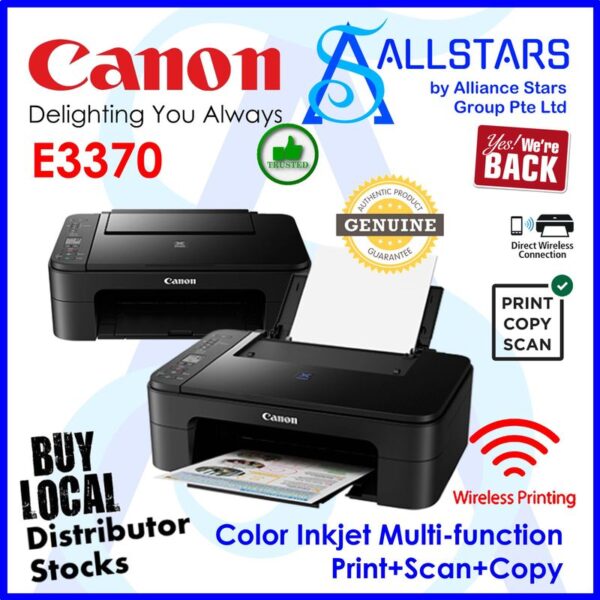 Canon PIXMA E3370 (Black) Compact Wireless All-In-One Inkjet Printer with LCD for Low-Cost Printing (Warranty 2years carry-in to Canon SG)