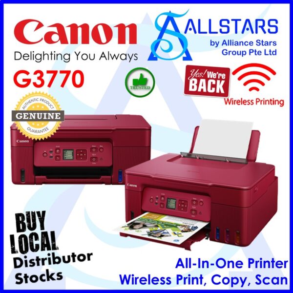 Canon PIXMA G3770 (Red) Easy Refillable Ink Tank, Wireless, All-In-One Printer for High Volume Printing