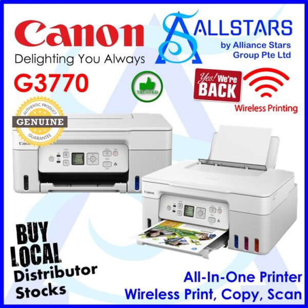 Canon PIXMA G3770 (White) Easy Refillable Ink Tank, Wireless, All-In-One Printer for High Volume Printing