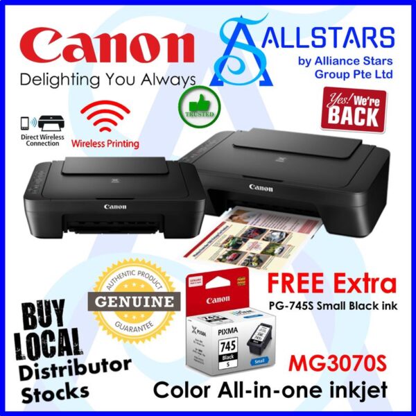 Canon MG3070S All-in-one Color Inkjet Printer (Warranty 2years Carry In to Canon SG)