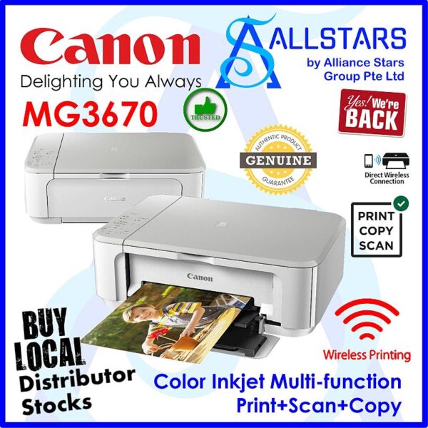 Canon MG3670 (White) Wireless Photo All-In-One with Auto Duplex Printing Color Inkjet Printer (Print / Scan Copy) (Warranty 1year on-site+2nd year carry in to Canon SG)