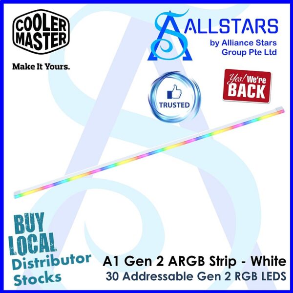 Cooler Master A1 Gen 2 ARGB Strip / 30 Addressable Gen 2 RGB LEDs / Length 400mm / Rubber Base – White : MFX-GSHN-40NNN-R1 (Warranty 1year with BanLeong)