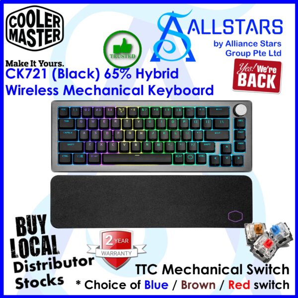 Cooler Master CK721 (Blue Switch Clicky) 65% Hybrid Wireless Mechanical Keyboard – Gunmetal Black : CK-721-GKTL1-US