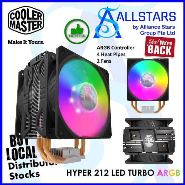 Cooler Master HYPER 212 LED TURBO ARGB / ARGB Controller / 4 Heat Pipes / 2 Fans – RR-212TK-18PA-R1 Warranty 2years with Banleong