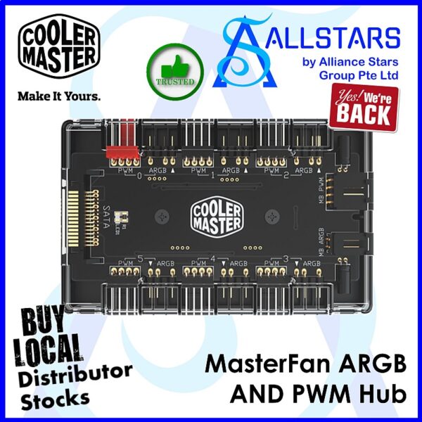 Cooler Master MasterFan ARGB and PWM Hub / 6 Ports for ARGB Lighting with PWM – MFX-ZHHN-1NNN6-R1 (Warranty 2years with BanLeong)