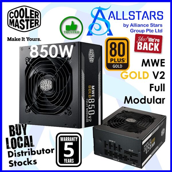 Cooler Master MWE Gold V2 850W Full Modular 80+Gold ATX Power Supply – MPE-8501-AFAAG (Warranty 5years with BanLeong)