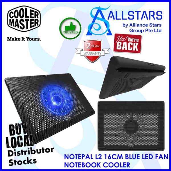 Cooler Master NOTEPAL L2 16CM BLUE LED FAN NOTEBOOK COOLER – MNW-SWTS-14FN-R1 (WRTY 2YRS W/BANLEONG)