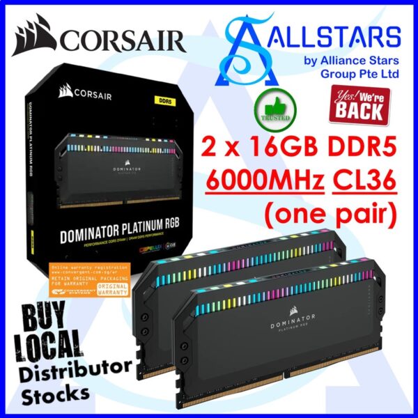 CORSAIR Dominator Platinum RGB DDR5 32GB – 2x16GB – DDR5 6000MHz CL36 RAM Kit – Black : CMT32GX5M2X6000C36