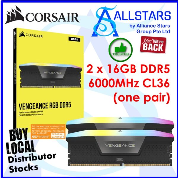 CORSAIR Vengeance RGB DDR5 32GB – 2x16GB – DDR5 6000MHz CL36 Gaming RAM Kit – Black : CMH32GX5M2D6000C36