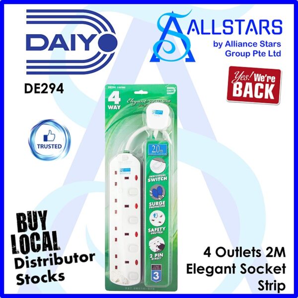 DAIYO DE294 2m / 4Way Elegant Socket Strip with Surge Protection (Warranty 6months)