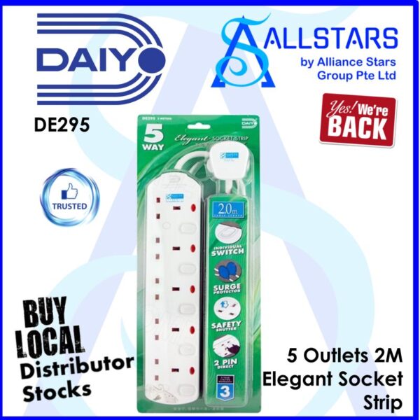 DAIYO DE295 2m / 5Way Elegant Socket Strip with Surge Protection (Warranty 6months)