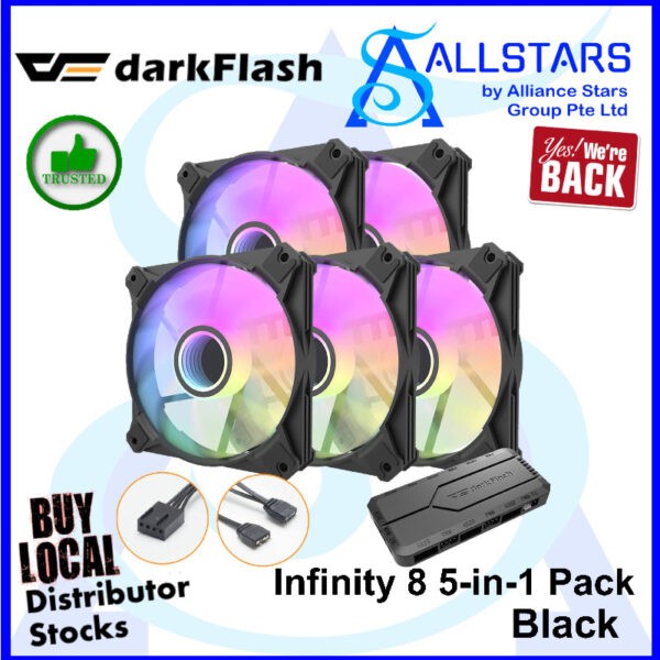 DarkFlash Infinity 8 – Black – PWM ARGB 120mm Fans x5 with BC2 PWM Controller x1 – INF8 5-in-1 Pack (Black) (Warranty 1year with TechDynamic)