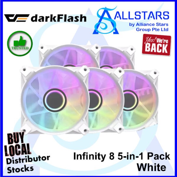 DarkFlash Infinity 8 – White – PWM ARGB 120mm Fans x5 with BC2 PWM Controller x1 – INF8 5-in-1 Pack (White) (Warranty 1year with TechDynamic)
