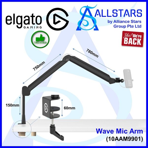 Elgato Wave Mic Arm / Detachable 15cm Riser / 360 deg rotatable ball head, integrated cable management, adjustable joint tension / support 1/4, 3/8, 5/8 inch mounts / 10AAM9901 (Warranty 1year with Convergent)