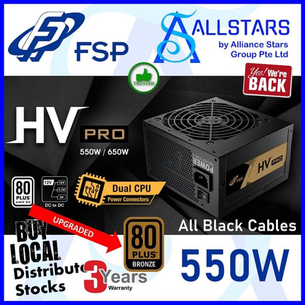 FSP HV PRO 550W 80+Bronze ATX Power Supply / All Black Cables / DC-DC – FSP550-51AAC (Warranty 3years with TechDynamic)