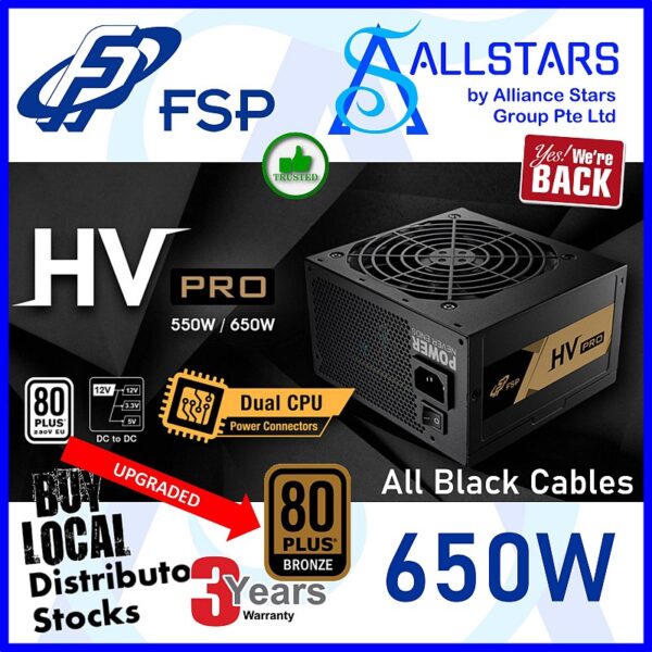 FSP HV PRO 650W 80+Bronze ATX Power Supply / All Black Cables / DC-DC  – FSP650-51AAC (Warranty 3years with TechDynamic)