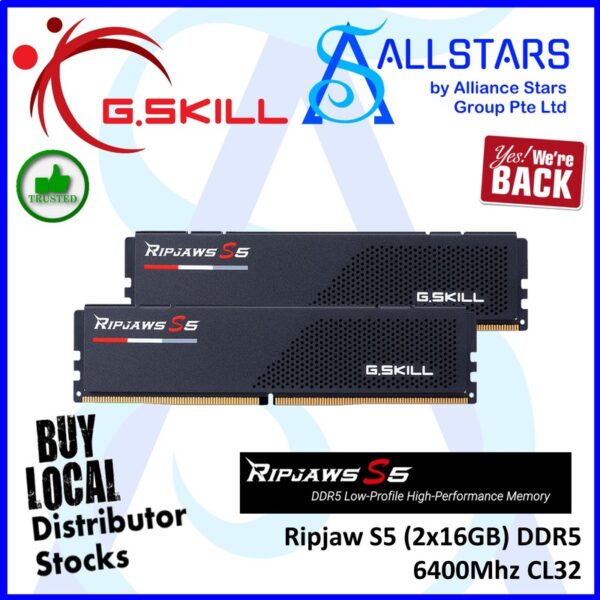 G.Skill Ripjaw S5 32GB (2x16GB) DDR5 6400MHz CL32 RAM Kit – F5-6400J3239G16GX2-RS5K
