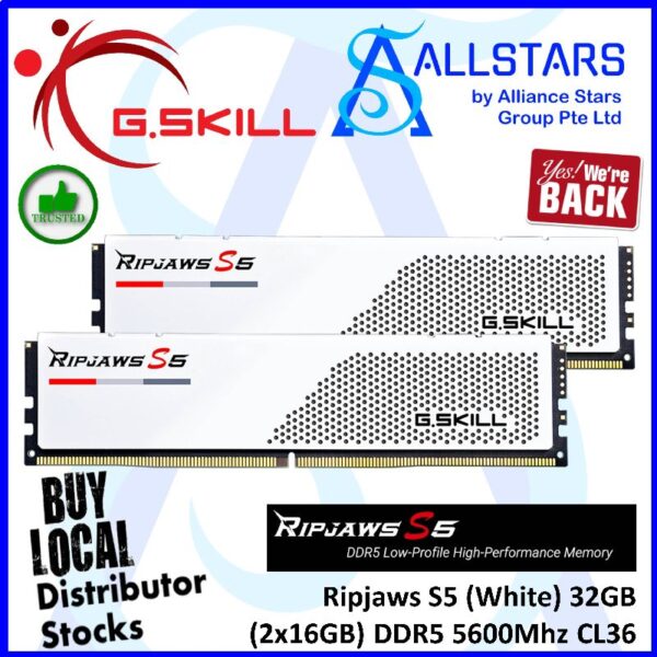 G.Skill Ripjaws S5 32GB – 2x16GB – DDR5 5600MHz CL36 Gaming RAM Kit – White : F5-5600U3636C16GX2-RS5W