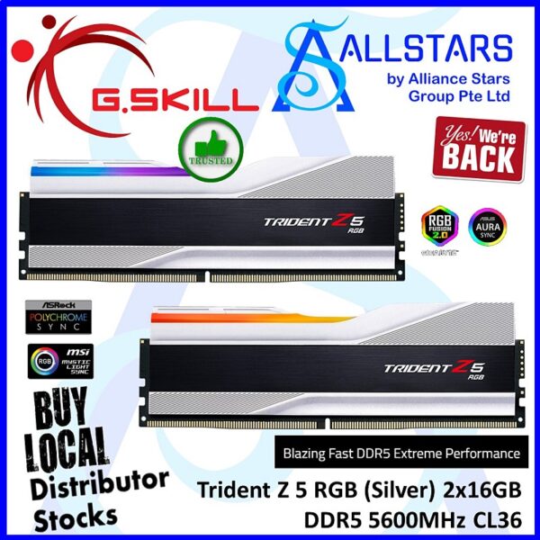 G.Skill Trident Z5 RGB DDR5 32GB – 2x16GB – DDR5 5600MHz CL36 Gaming RAM Kit  – Silver : F5-5600U3636C16GX2-TZ5RS