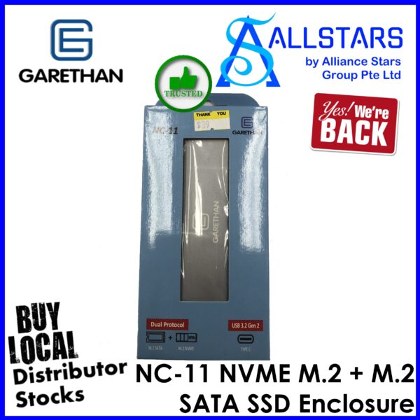 Garethan NC-11 NVME M.2 + M.2 SATA SSD Enclosure (USB-C / USB Type A) – Grey : GE-NC11-GREY