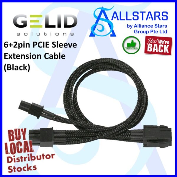 GELID 6+2pin PCIE Sleeve Extension Cable (Black) / Length : 30cm – Black :  CA-8P-05